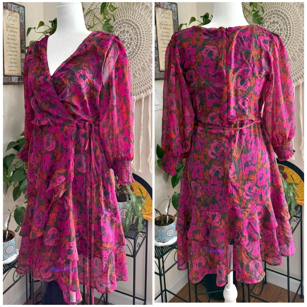 Esqualo Fuchsia Dress Chiffon Floral Wrap Ruffled Layered Balloon Sleeves Size 8 - Picture 3 of 10